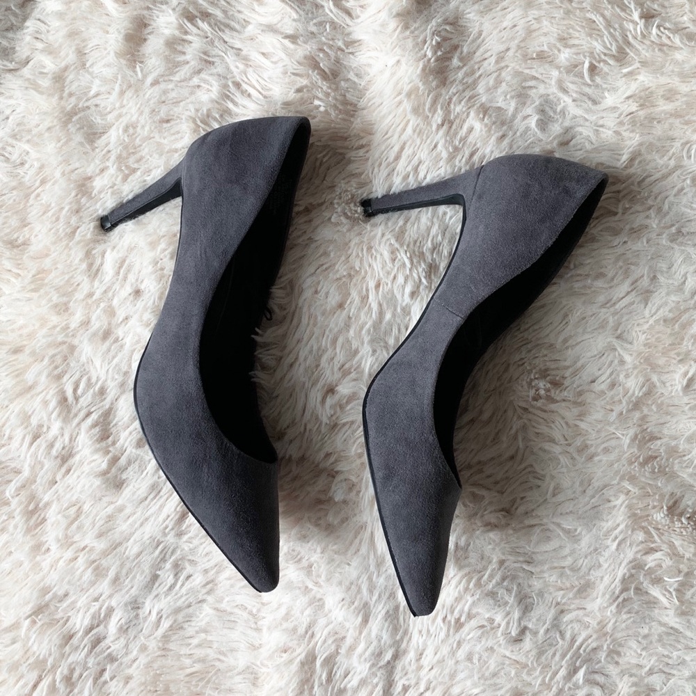 gray faux suede pumps